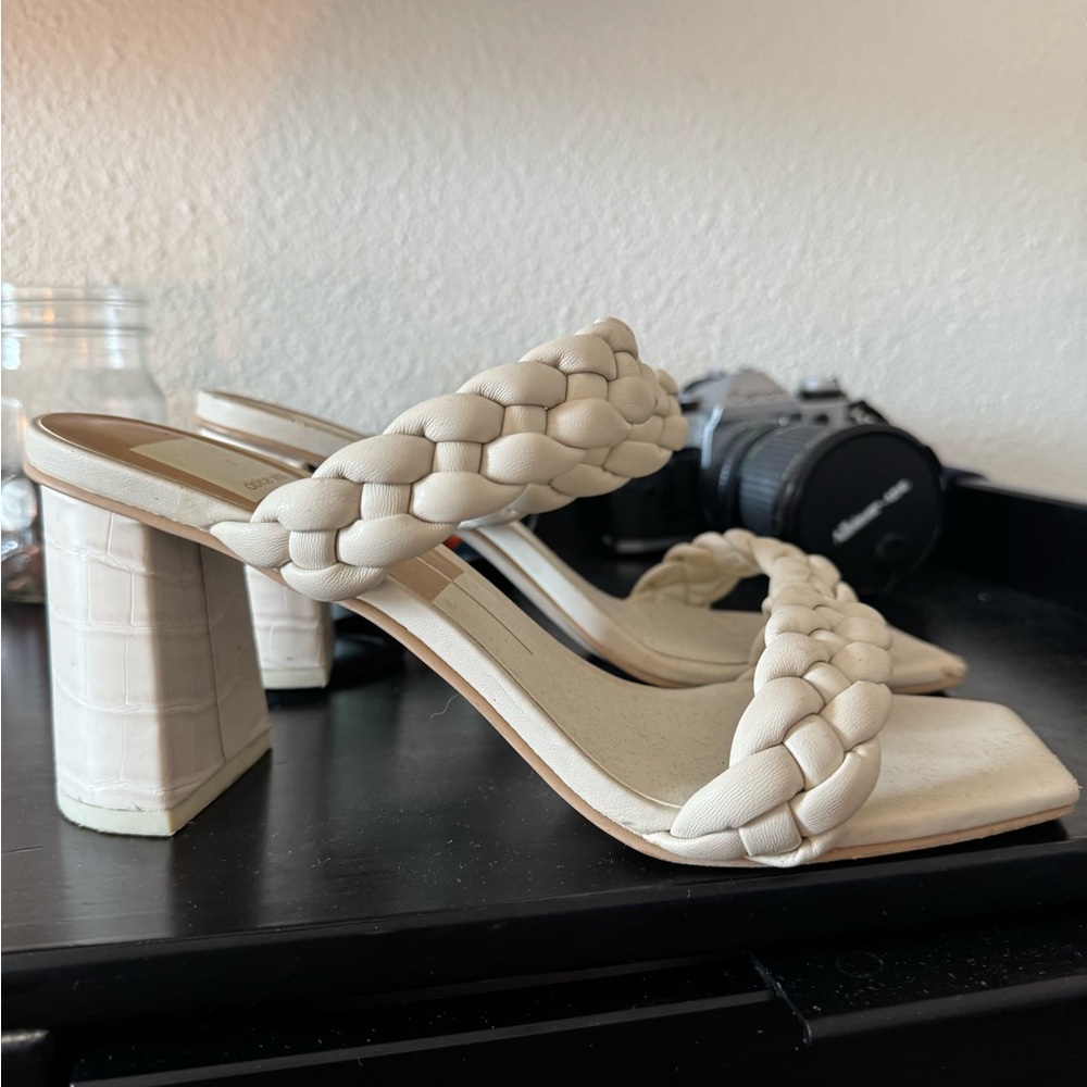 Dolce Vita Cream Braided Double-Strap Block Heel Sandals